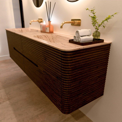 Mondiaz CIRO-DLUX Meuble de salle de bains - 180x45x50cm - plan vasque solid surface Arena - 2 vasques double - sans trous de robinet - 4 tiroirs - Noyer