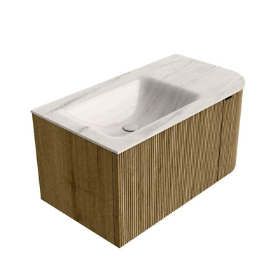 MONDIAZ KURVE-DLUX meuble de salle de bains 85cm courbure droite couleur Dusk avec 1 tiroir et 1 porte. Lavabo CLOUD gauche 1 trou de robinet Meli.