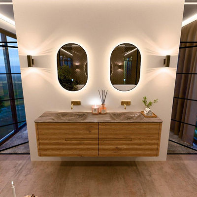 Mondiaz CIRO-DLUX Badkamermeubelset - 170x45x50cm - Solid surface wastafel Oza - 2 wasbak Dubbel - zonder kraangaten - 4 lades - Oak