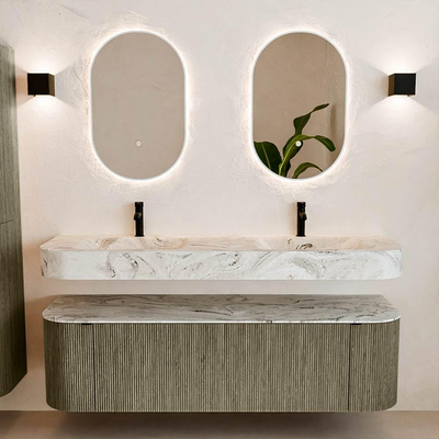 MONDIAZ THOR-DLUX 160cm meuble de salle de bains arrondi gauche + droite couleur Shadow avec 1 tiroir et 2 portes. Vasque suspendue CLOUD Double 2 trous de robinet couleur Glace.