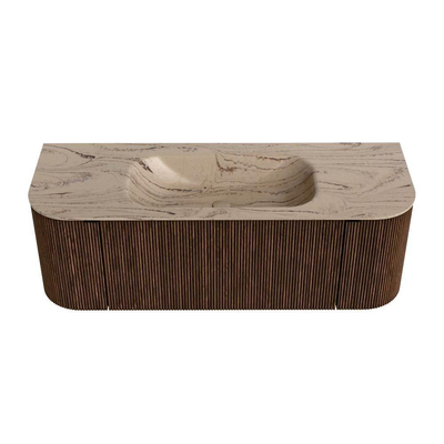 MONDIAZ KURVE-DLUX Meuble de salle de bains 130 cm arrondi Gauche + Droite couleur Walnut avec 1 tiroir et 2 portes. Lavabo BIG SMALL Central 1 trou de robinet Arena.