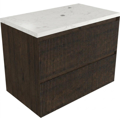 Saniclass Holz Atelier Ensemble meuble de salle de bains - 80x45x63cm - Plan vasque en marbre Dia poli (blanc) - 1 trou de robinet - 2 tiroirs - chêne charcoal mat (bois)