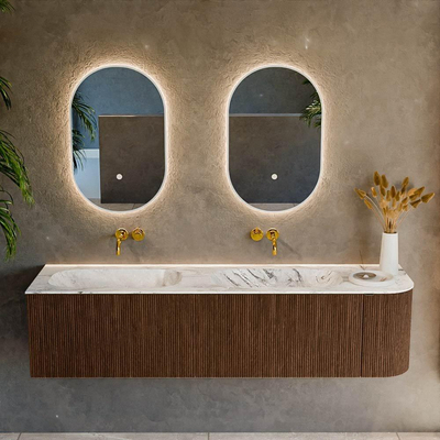 MONDIAZ KURVE-DLUX 175cm badmeubel met module 25 R kleur Walnut met 2 lades en 1 deur. Wastafel STOR SMALL dubbel / links zonder kraangat kleur Glace.