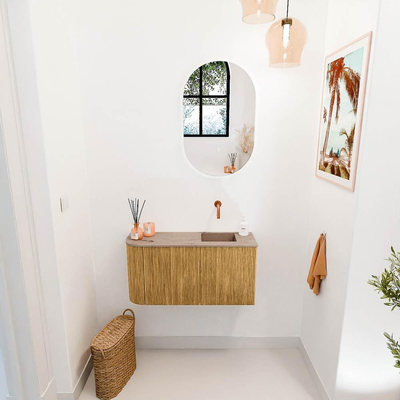 Mondiaz JOYA-DLUX 81.6cm toiletmeubel - ronding links kleur Oak - Wastafel FAYE positie Rechts Zonder kraangat kleur Arena.