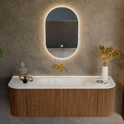 MONDIAZ KURVE-DLUX 140cm Meuble salle de bain avec module 25 G et D - couleur Walnut - 1 tiroir - 2 portes - vasque BIG SMALL centre - sans trou de robinet - couleur Opalo