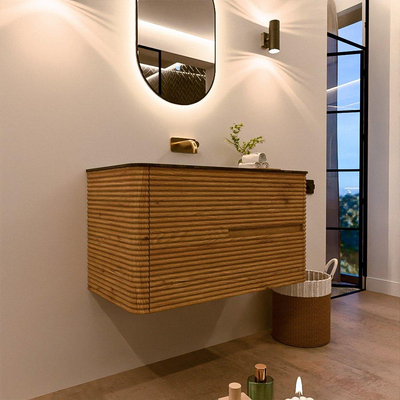Mondiaz CIRO-DLUX Badkamermeubelset - 90x45x50cm - Solid surface wastafel Lava - 1 wasbak Midden - zonder kraangaten - 2 lades - Oak
