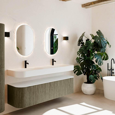 MONDIAZ THOR Meuble de salle de bains 170cm arrondi gauche + droite couleur Shadow avec 1 tiroir et 2 portes. Vasque suspendue CLOUD Double 2 trous de robinet couleur Talc.