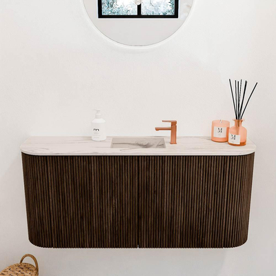 Mondiaz JOYA-DLUX 93.2cm toiletmeubel - ronding links en rechts kleur Walnut - Wastafel FAYE positie Midden 1 kraangat kleur Nata.