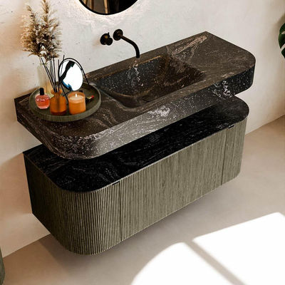 MONDIAZ THOR-DLUX 120cm meuble de salle de bains arrondi gauche + droite couleur Shadow avec 1 tiroir et 2 portes. Vasque suspendue CLOUD Milieu sans trou de robinet couleur Lava.