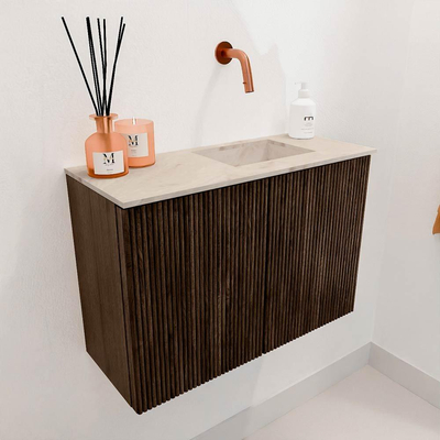 Mondiaz JOYA-DLUX 60cm toiletmeubel - kleur Walnut - Wastafel FAYE positie Rechts Zonder kraangat kleur Frappe.