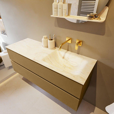 Mondiaz VICA-DLUX ensemble de meuble de salle de bain - 130cm - meuble sous-vasque oro - 2 tiroirs - lavabo encastré cloud droite - sans trous de robinet - miroir modèle spot - version XL 60cm de haut - ostra