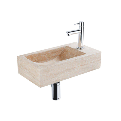 Saniclass Fuente Ensemble fontaine - 40x22x10cm - trou de robinet à droite - robinet de fontaine chrome - bouchon de vidange - siphon bas - pierre naturelle marbrée