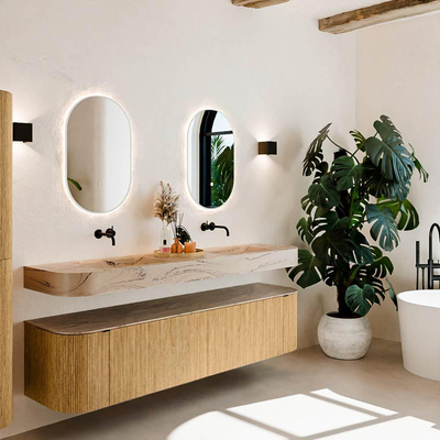 MONDIAZ THOR-DLUX 190cm meuble de salle de bains arrondi gauche + droite couleur Oak avec 2 tiroirs et 2 portes. Vasque suspendue CLOUD Double sans trou de robinet couleur Arena.