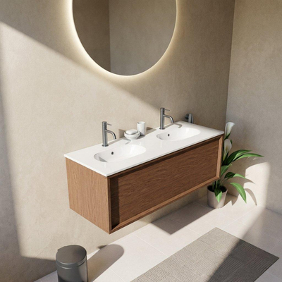 Saniclass Holz Frame Ensemble meuble de salle de bains - 120x45x54cm - Chaci lavabo en céramique blanc - 2 vasques - 2 trous de robinetterie - 1 tiroir - mat walnut pure (bois)