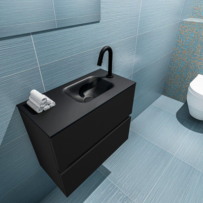 Mondiaz ADA Meuble lave-mains 60x30x50cm avec 1 trou pour robinet 2 tiroirs Urban mat Lavabo Lex Droite Solid Surface Noir