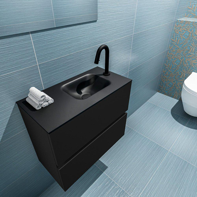 MONDIAZ ADA Meuble WC - 60x30x50cm - 1 trou de robinet - 2 tiroirs - urban mat - lavabo à droite - Solid surface - Noir