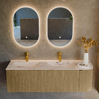 MONDIAZ KURVE-DLUX 145cm badmeubel ronding Rechts kleur Dusk met 1 lade en 1 deur. Wastafel LEAF Dubbel / Links 2 kraangaten Nata.