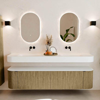 MONDIAZ THOR 190cm meuble de salle de bains arrondi gauche + droite couleur Dusk avec 2 tiroirs et 2 portes. Vasque suspendue CLOUD Double sans trou de robinet couleur Talc.