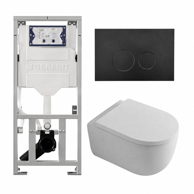 QeramiQ Dely Swirl Ensemble WC- 36.3x51.7cm - Réservoir encastré Geberit UP320 - Abattant de 35mm d'épaisseur - Plaque de commande noire mate - Boutons ronds - Blanc mat