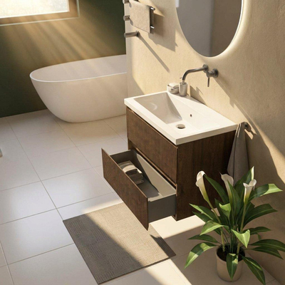 Saniclass Holz Atelier Ensemble de meubles de salle de bains - 80x45x63.5cm - lavabo Bari en céramique blanc - 1 vasque - sans trou de robinetterie - 2 tiroirs - chêne charcoal mat (bois)