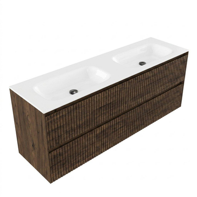 Saniclass Holz Atelier Ensemble meuble de salle de bains - 160x45x61.5cm - lavabo Flow en solid surface blanc - 2 vasques - 2 trous de robinet - 4 tiroirs - chêne charcoal mat (bois)