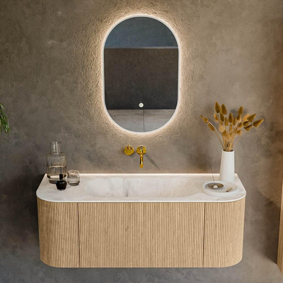 MONDIAZ KURVE-DLUX 120cm Meuble salle de bain avec module 25 G et D - couleur Oak - 1 tiroir - 2 portes - vasque BIG SMALL centre - sans trou de robinet - couleur Frappe