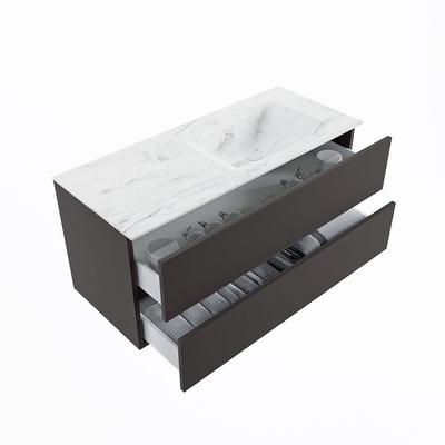 Mondiaz VICA-DLUX ensemble de meuble de salle de bain - 110cm - meuble sous-vasque gris foncé - 2 tiroirs - lavabo encastré cloud droite - sans trous de robinet - version haute de 60cm - opalo