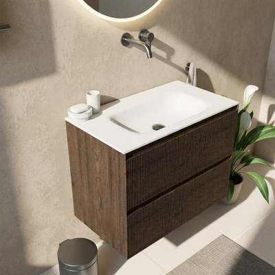 Saniclass Holz Atelier Ensemble meuble de salle de bains - 80x45x61.5cm - Flow lavabo Solid Surface blanc - 1 vasque - sans trou de robinetterie - 2 tiroirs - chêne charcoal mat (bois)