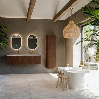 MONDIAZ KURVE-DLUX 150cm Meuble salle de bain - couleur Walnut - 2 tiroirs - vasque STOR SMALL double - sans trou de robinet - couleur Glace