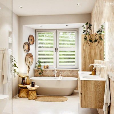 MONDIAZ VICA meuble sous lavabo 150cm Chêne blanchi 2 tiroirs. Lavabo MOON double 2 trous de robinet, couleur Talc.