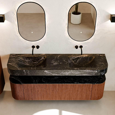 MONDIAZ THOR-DLUX 170cm meuble de salle de bains arrondi gauche + droite couleur Ruby avec 1 tiroir et 2 portes. Vasque suspendue CLOUD Double sans trou de robinet couleur Lava.