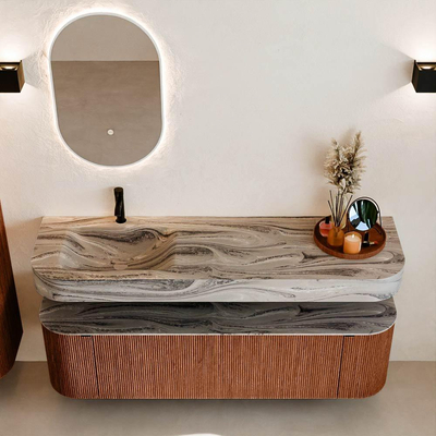 MONDIAZ THOR-DLUX 160cm meuble de salle de bains arrondi gauche + droite couleur Ruby avec 1 tiroir et 2 portes. Vasque suspendue CLOUD Gauche 1 trou de robinet couleur Sombra.