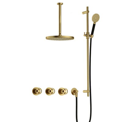 Hotbath Cobber @Work Regendoucheset - inbouw - 30cm plafondarm - 20cm ronde hoofddouche - 3 standen handdouche - glijstang - Geborsteld messing PVD