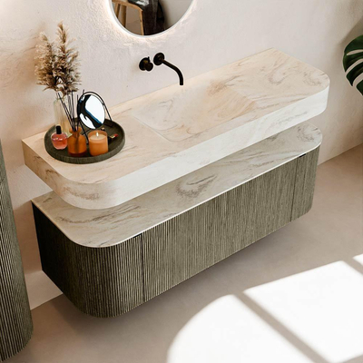 MONDIAZ THOR-DLUX Meuble de salle de bains 140cm arrondi gauche + droite couleur Shadow avec 1 tiroir et 2 portes. Vasque suspendue CLOUD Milieu sans trou de robinet couleur Ostra.