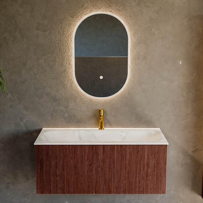 Mondiaz KURVE-DLUX Ensemble de meuble salle de bain - 100x46x40cm - 1 tiroir - lavabo en solid surface - milieu - 1 trou de robinet - Ruby