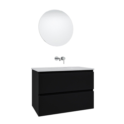 Adema Chaci Meuble salle de bain - 80x46x55cm - 1 vasque en céramique blanche- sans trou de robinet - 2 tiroirs - miroir rond avec éclairage - noir mat