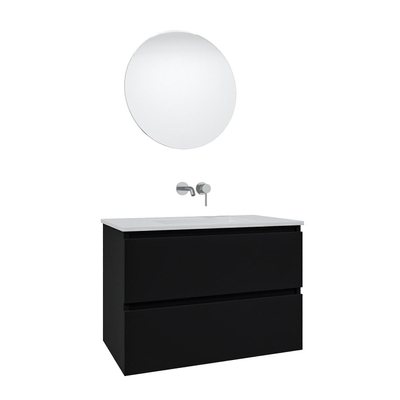 Saniclass Chaci Ensemble meuble de salle de bains - 80x46x55cm - vasque en céramique blanche - 1 vasque - sans trous de robinet - 2 tiroirs - miroir rond avec éclairage - noir mat