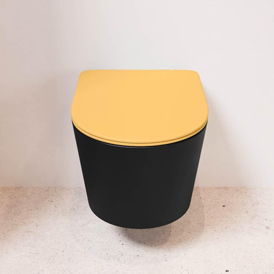 Mondiaz LAVIE WC suspendu – sans bride – 36 x 53 cm – avec abattant softclose – Urban (noir), abattant Ocher (jaune)