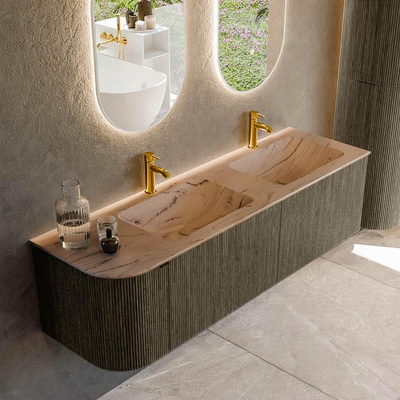 MONDIAZ KURVE-DLUX Meuble de salle de bains 155cm arrondi à gauche couleur Shadow avec 2 tiroirs et 1 porte. Lavabo LEAF Double / Droite 2 trous de robinet Arena.