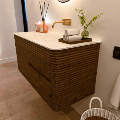 Mondiaz CIRO-DLUX Badkamermeubelset - 100x45x50cm - Solid surface wastafel Opalo - 1 wasbak Midden - zonder kraangaten - 2 lades - Dusk
