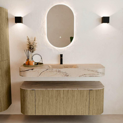 MONDIAZ THOR-DLUX 130cm meuble de salle de bains arrondi gauche + droite couleur Dusk avec 1 tiroir et 2 portes. Vasque suspendue CLOUD Milieu 1 trou de robinet couleur Arena.