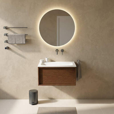 Saniclass Holz Frame Ensemble de meubles de salle de bains - 80x45x57.5cm - vasque Torino en solid surface blanc - sans trou de robinetterie - 1 tiroir - walnut pure mat (bois)
