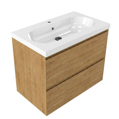 Saniclass Holz Pure Ensemble de meubles de salle de bains - 80x45x63.5cm - Lavabo en céramique Palermo blanc - 1 vasque - 1 trou de robinet - 2 tiroirs - chêne natural mat (bois)
