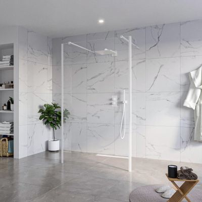 Fortifura Galeria Douche à l'italienne - 120x200cm - verre clair - anticalcaire - verre de sécurité 8mm - 2 parois latérales 40cm - avec bras muraux et profilés d'angle - Blanc mat