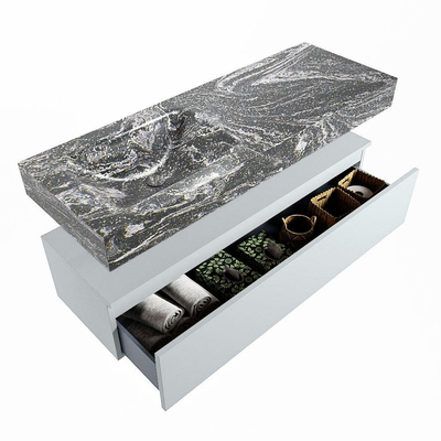 Mondiaz ALAN-DLUX Ensemble de meuble - 130cm - meuble Clay mat - 1 tiroir - Lavabo Cloud Lava suspendu - vasque Gauche - 0 trous de robinet