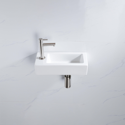 Fortifura Fuente Pack Lave-mains - 36x18.5x9cm - 1 trou de robinet - solid surface - robinet Inox brossé - Blanc mat