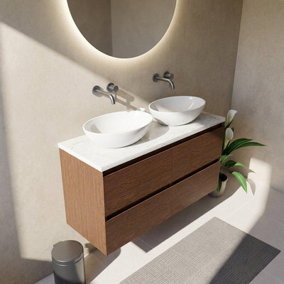 Saniclass Holz Pure Ensemble meuble de salle de bains - 120x45x63cm - Plan vasque en marbre Dia poli (blanc) - sans trou de robinet - 4 tiroirs - walnut pure mat (bois)