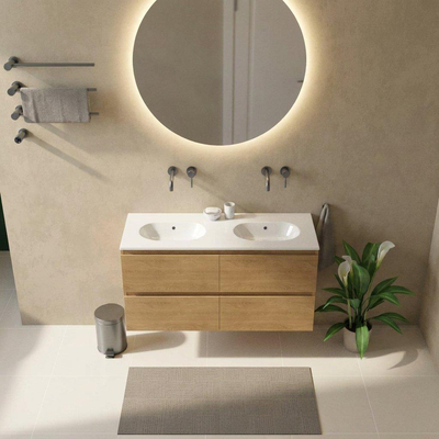Saniclass Holz Pure Ensemble de meubles de salle de bains - 120x45x74cm - lavabo Chaci en céramique blanc - 2 vasques - sans trous de robinetterie - 4 tiroirs - chêne natural mat (bois)