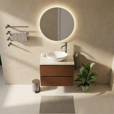 Saniclass Holz Pure Ensemble de meubles de salle de bains - 80x45x63cm - Plan de travail en pierre naturelle travertin - 1 trou de robinetterie - 2 tiroirs - walnut pure mat (bois)