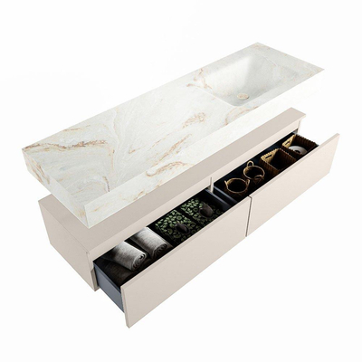 Mondiaz ALAN-DLUX Ensemble de meuble - 150cm - meuble Linen mat - 2 tiroirs - Lavabo Cloud Frappe suspendu - vasque Droite - 1 trou de robinet